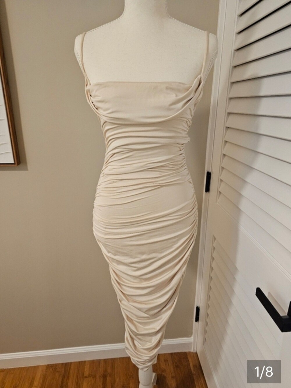 Oh Polly Cream Ruched Midi Dress NWOT US 6 | Bodycon Cocktail Wedding Bridal